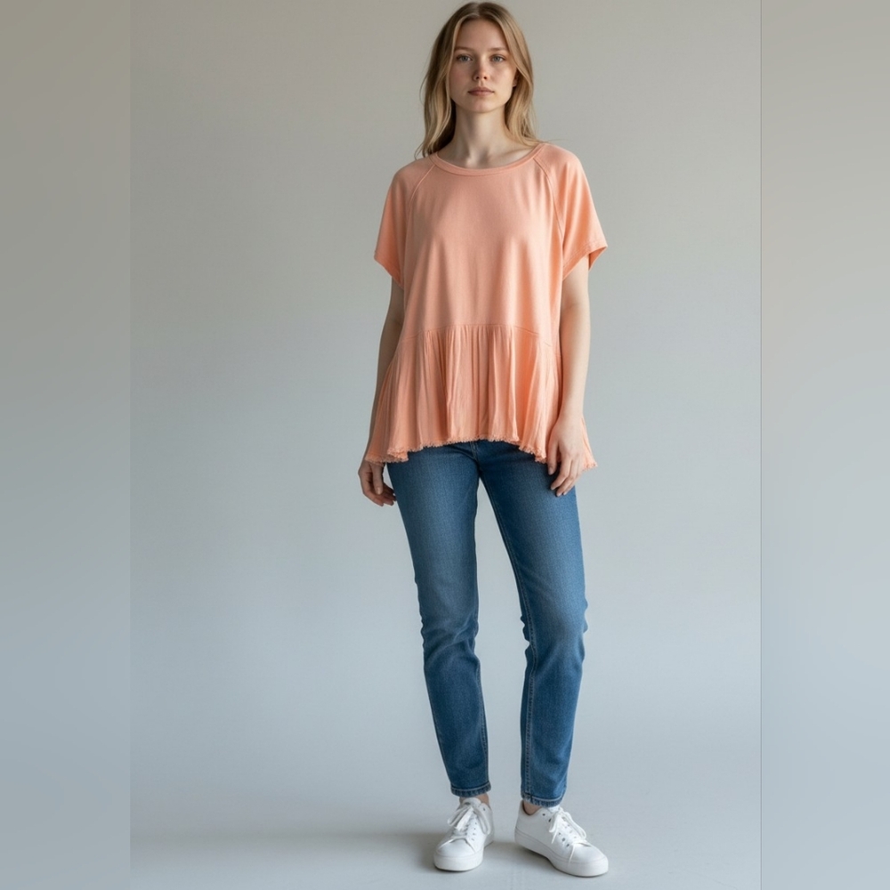 Blouse Raw Edge Broomstick Hi Low Hem Top Pink Short Sleeves Soft Bohemian